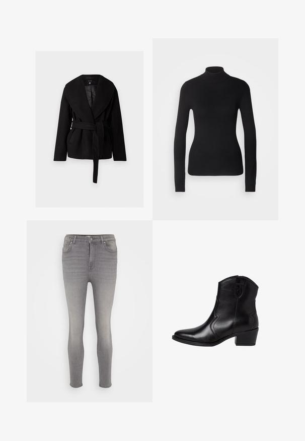 Manteau en laine noir avec un large col châle, ceinture à nouer, poches frontales en diagonale et manches longues, doté d'une doublure intérieure lisse.; Pull à col roulé noir en maille légère. Il possède des manches longues, une coupe ajustée et une texture côtelée douce.; Jean en denim gris à coupe slim, avec une fermeture à bouton, cinq poches et un léger délavage le long des jambes. Texture lisse, sans motifs.; Bottes noires en cuir à bout pointu, avec des coutures latérales courbées et un petit talon carré. Elles sont dotées d'une fermeture éclair et d'une texture lisse.