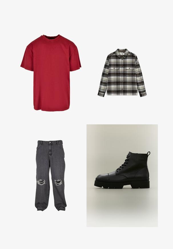 Camisa de manga larga con botones, con patrón de cuadros en marrón, blanco y beige, y dos bolsillos en el pecho con botones.; Camiseta de algodón roja con un corte relajado, mangas cortas, cuello redondo y detalles desgastados cerca de los hombros. Sin logotipos visibles.; Jeans de mezclilla negra con un corte relajado, que presentan dos grandes desgastes en las rodillas, puños ajustados y un cierre clásico de botón.; Bota negra de cuero texturizado con cordones, suela gruesa y tira para tirar en la parte trasera, mostrada de perfil sobre fondo neutro.
