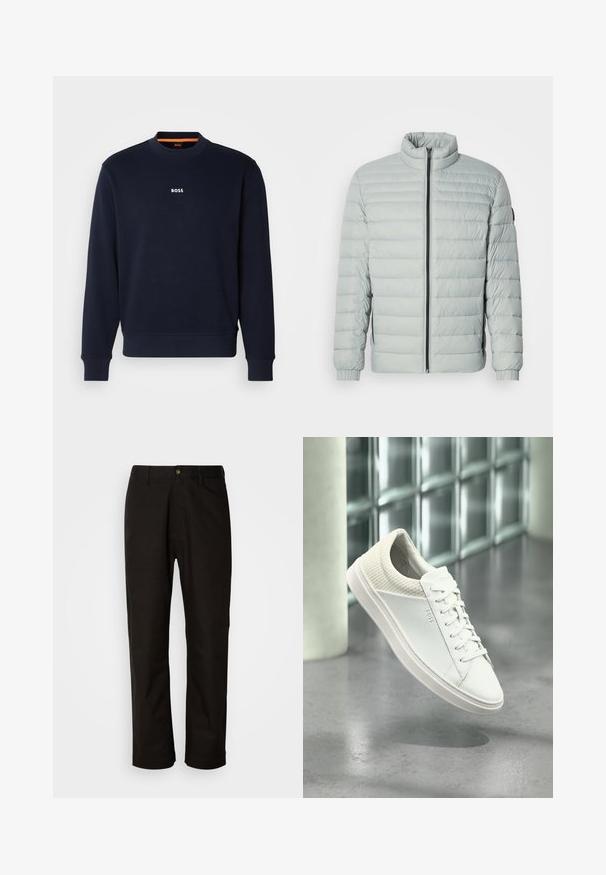 Lys grå, polstret jakke med høj krave, fuld lynlås, ribbede manchetter og sidelommer. Glat tekstur, quiltet design og minimal hardware.; Marineblå sweatshirt lavet af blødt stof, med rund hals og ribbede manchetter, med ordet "BOSS" trykt i hvidt på brystet.; Sorte bomuldsbukser med lige pasform, bæltestropper, lynlås foran og en enkelt knappelukning. Glat tekstur uden synlige mønstre.; Hvid sneaker med lavt snit, quiltet hæl og mærket "BOSS" på siden, vist svævende indendørs på en grå poleret gulv.