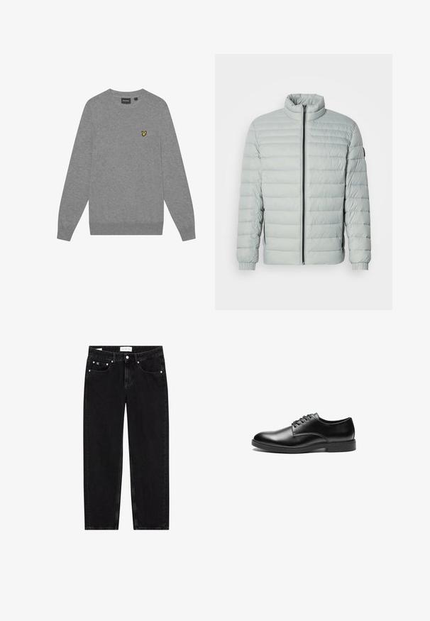 Veste matelassée gris clair, rembourrée, avec un col montant, une fermeture éclair intégrale, des poignets côtelés et des poches latérales. Texture lisse, design matelassé et matériel minimal.; Pull gris à manches longues, col rond et poignets côtelés. Présente un petit logo brodé jaune sur la poitrine gauche. Fabriqué en tissu doux.; Jeans en denim noir avec une coupe droit, texture légèrement déchirée, cinq poches et détails en métal argenté. Étiquette sur la ceinture.; Chaussure habillée en cuir noir avec une finition lisse, bout arrondi, design à lacets à six œillets et semelle plate en caoutchouc.