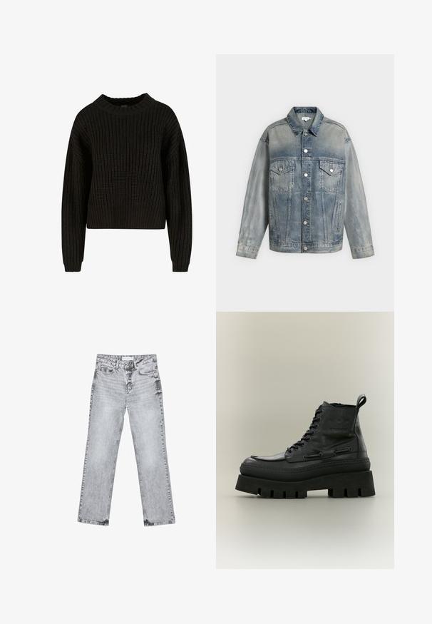 Veste en denim bleu délavé avec fermeture à boutons, deux poches poitrine à rabat avec boutons, poches latérales et manches longues.; Pull en tricot noir à texture côtelée, col rond et manches longues. Design court avec une coupe ample. Pas de motifs ni de matériel visible.; Jean gris clair taille haute à jambes droites, avec poches avant, passants de ceinture, fermeture par bouton et texture délavée sur l'ensemble du tissu.; Botte à plateforme épaisse en cuir noir avec laçage à l’avant et semelle épaisse rainurée, vue de côté sur un fond neutre.