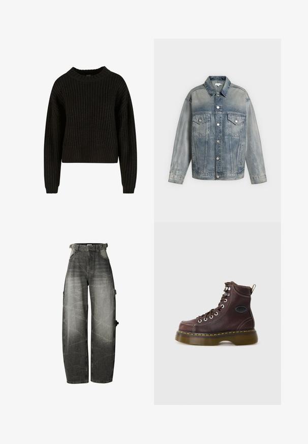 Veste en denim bleu délavé avec fermeture à boutons, deux poches poitrine à rabat avec boutons, poches latérales et manches longues.; Pull en tricot noir à texture côtelée, col rond et manches longues. Design court avec une coupe ample. Pas de motifs ni de matériel visible.; Jean noir délavé coupe large avec taille haute, poches avant et passants de ceinture, avec un détail de poche sur la jambe droite.; Bottine en cuir marron avec une surface texturée, œillets en argent et couture jaune. Dispose d'une semelle épaisse translucide et d'une languette.