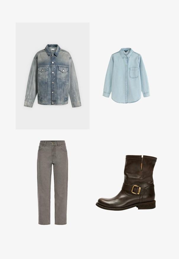 Vervaagde blauwe spijkerjas met knoopsluiting, twee borstzakken met kleppen en knopen, zijzakken en lange mouwen.; Lichtblauw denim overhemd met lange mouwen en knopen, voorzien van een enkele borstzak en een opgevouwen kraag, plat neergelegd op een witte achtergrond.; Grijze denim jeans met rechte pijpen, knoop- en ritssluiting, voor- en achterzakken en riemlussen.; Bruine leren enkelboot met een ronde neus, zijschoenbuckle, gestikte accenten en een lage gestapelde hak. Beschikt over een kenmerkende textuur.