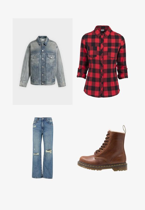Vervaagde blauwe spijkerjas met knoopsluiting, twee borstzakken met kleppen en knopen, zijzakken en lange mouwen.; Rood en zwart geruite flanellen shirt, lange mouwen met opgerolde manchet, spitse kraag, twee borstzakken, knoopsluiting aan de voorkant, zachte textuur.; Lichtblauwe denim jeans met een hoge taille, wijde pasvorm, verwaschte scheuren bij de knieën en een klassieke vijf-pocketontwerp.; Bruine leren enkellaars met bontvoering, ronde neus, vetersluiting aan de voorkant en gele stiksels langs de zool. Stevige rubberen loopzool voor grip.