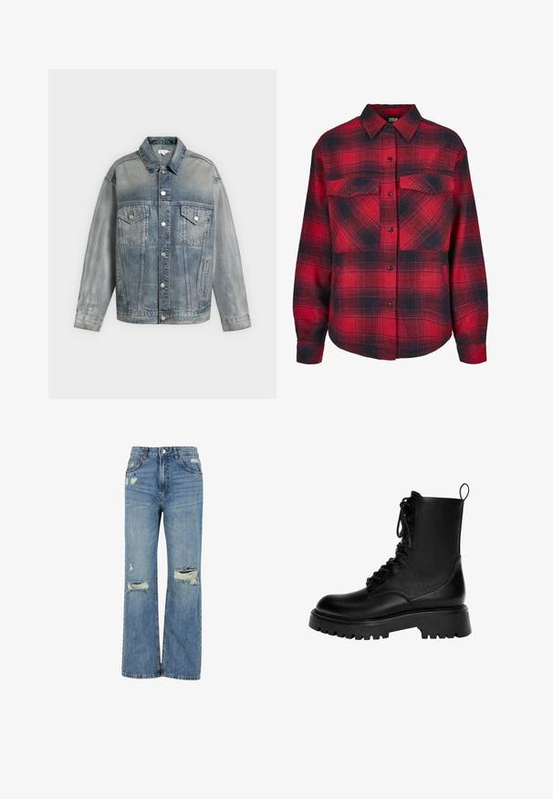 Bleg blå denimjakke med knaplukning, to brystlommer med klapper og knapper, sidelommer og lange ærmer.; Rød og sort ternet flannel skjorte med knaplukning foran, to brystlommer og lange ærmer med knapmanchetter. Teksturere stof.; Lyseblå denim jeans med højtalje, bred benpasform, slidte huller ved knæene og klassisk fem-lomme design.; Sorte snørebånd ankelstøvler lavet af syntetisk læder, med en kraftig sål, trækstrop og fremtrædende syninger.