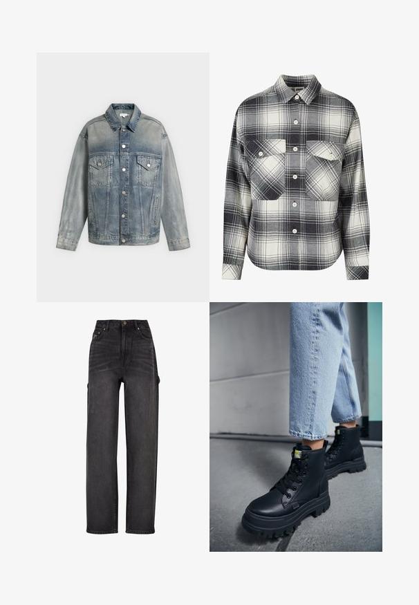 Bleg blå denimjakke med knaplukning, to brystlommer med klapper og knapper, sidelommer og lange ærmer.; Rutet flannel skjorte i sort, hvid og grå. Har knaplukning foran, to brystlommer og lange ærmer med knapmansjetter.; Højtaljede cargo jeans i sort denim med vid ben-design, sidelommer og subtile falmning detaljer. Holdbart stof og kontraststik.; Person iført lyseblå jeans og sorte chunky snørestøvler, der står på et betongulv nær en væg.