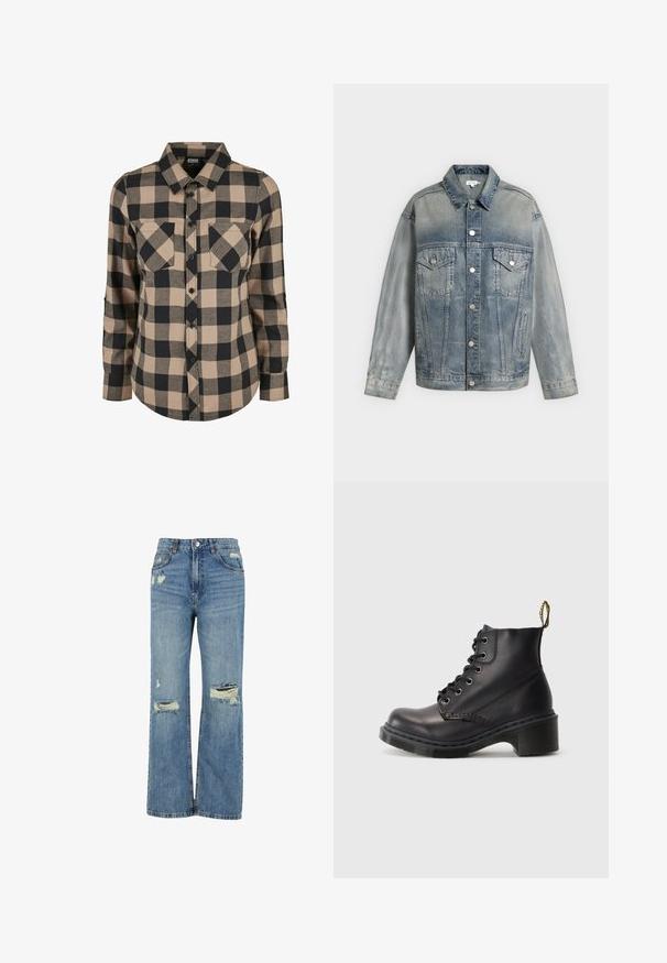 Φθαρμένο μπλε denim μπουφάν με κλείσιμο με κουμπιά, δύο πλαϊνές τσέπες στο στήθος με κουμπιά, πλαϊνές τσέπες και μακριά μανίκια.; Μαύρο και μπεζ καρό πουκάμισο με μακριά μανίκια, κουμπιά μπροστά, δύο τσέπες στο στήθος και στρογγυλή άκρη. Φτιαγμένο από μαλακό ύφασμα.; Ανοιχτό μπλε τζιν παντελόνι με ψηλή μέση, φαρδιά εφαρμογή, σκισίματα στα γόνατα και κλασικό σχέδιο πέντε τσεπών.; Μαύρες δερμάτινες μπότες έως τον αστράγαλο με στρογγυλή μύτη, σχέδιο με κορδόνια και υφασμάτινη ελαστική φτέρνα. Διαθέτουν κίτρινο βρόχο στο πίσω μέρος για εύκολη χρήση.