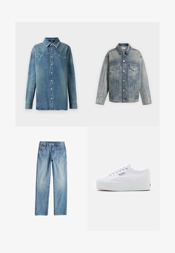 Veste en denim bleu délavé avec fermeture à boutons, deux poches poitrine à rabat avec boutons, poches latérales et manches longues.; Chemise en denim bleu à manches longues avec boutons-pression, col pointu et détails en strass le long du devant et des bords du col.; Jean en denim bleu clair avec une coupe droite. Comprend un bouton de fermeture, cinq poches et un léger délavage sur le tissu.; Baskets en toile blanches avec une épaisse semelle plateforme blanche, bout rond et œillets en métal pour les lacets. Logo de la marque affiché sur le côté.