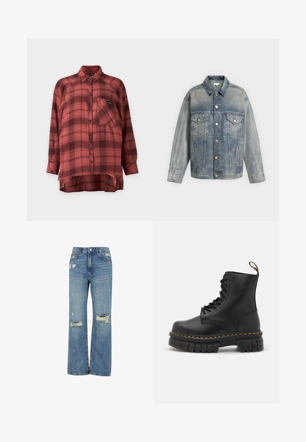 Φθαρμένο μπλε denim μπουφάν με κλείσιμο με κουμπιά, δύο πλαϊνές τσέπες στο στήθος με κουμπιά, πλαϊνές τσέπες και μακριά μανίκια.; Κόκκινο και σκούρο κόκκινο καρό πουκάμισο με μακρύ μανίκι, γιακά και τσέπη στο στήθος, ελαφρώς μακρύτερο στο πίσω μέρος.; Ανοιχτό μπλε τζιν παντελόνι με ψηλή μέση, φαρδιά εφαρμογή, σκισίματα στα γόνατα και κλασικό σχέδιο πέντε τσεπών.; Μαύρα δερμάτινα μποτάκια με κορδόνια, χοντρή σόλα, κίτρινη ραφή, στρογγυλή μύτη και θηλιά στο πίσω μέρος για εύκολη χρήση.