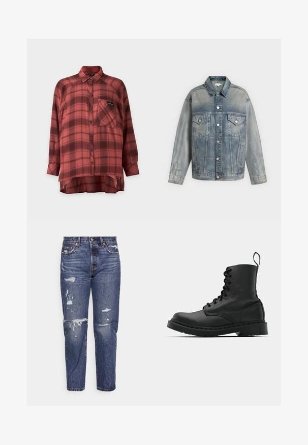 Φθαρμένο μπλε denim μπουφάν με κλείσιμο με κουμπιά, δύο πλαϊνές τσέπες στο στήθος με κουμπιά, πλαϊνές τσέπες και μακριά μανίκια.; Κόκκινο και σκούρο κόκκινο καρό πουκάμισο με μακρύ μανίκι, γιακά και τσέπη στο στήθος, ελαφρώς μακρύτερο στο πίσω μέρος.; Μπλε τζιν παντελόνι με χαλαρή εφαρμογή, με φθαρμένα σημεία και σκισμένα στρίφωμα. Κλασικός σχεδιασμός 5 τσέπες με μεταλλικά αξεσουάρ.; Μαύρη δερμάτινη στρατιωτική μπότα με στρογγυλή μύτη, κορδόνια στο εμπρός μέρος και λαβή στον αστράγαλο. Διαθέτει παχύ λάστιχο στη σόλα για αντοχή.