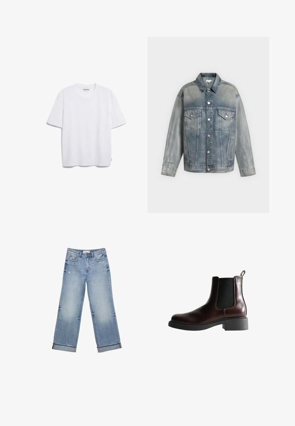 Bleg blå denimjakke med knaplukning, to brystlommer med klapper og knapper, sidelommer og lange ærmer.; Hvid bomulds t-shirt med korte ærmer, rund halsudskæring og en afslappet pasform. Ingen synlige mønstre eller logoer. Glat tekstur.; Lyseblå denimjeans med bred bendesign, der har frynset kant, let slid og klassisk fem-lommes design.; Brune læder ankelstøvle med elastiske sidepaneler, rund tå og en struktureret sort gummisål. Har kontrasterende syninger og en trækflap.