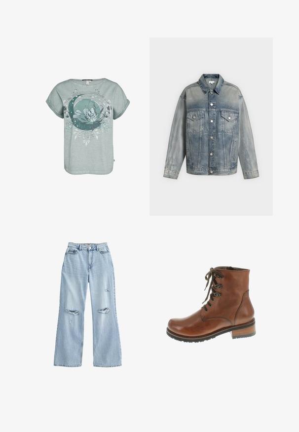 Veste en denim bleu délavé avec fermeture à boutons, deux poches poitrine à rabat avec boutons, poches latérales et manches longues.; T-shirt à manches courtes, bleu sarcelle clair, avec un motif floral et un croissant de lune. Texture douce avec une coupe décontractée et des manches roulées.; Jean large bleu clair en denim, avec des déchirures distendues sur les cuisses, une taille haute et un design classique à cinq poches.; Bottes de cheville en cuir brun avec un bout rond, un laçage à l'avant, des œillets en métal et un talon bas empilé. Elles présentent une texture lisse et des accents de couture.