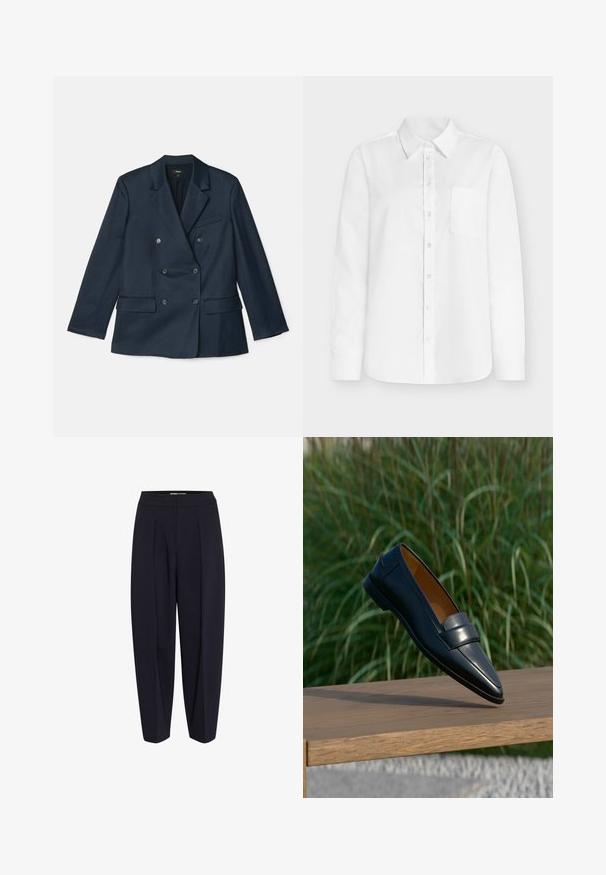 Marineblauer doppelt-knöpfbarer Blazer aus glattem Stoff. Mit Reverskragen, vier Knöpfen und zwei Fronttaschen sowie einer Brusttasche.; Weißes langärmeliges Hemd aus Baumwolle, mit spitzem Kragen, durchgehender Knopfleiste und einer linken Brusttasche. Glatte Textur.; Marineblaues Hosenmodell mit hoher Taille, ausgestattet mit Frontfalten und schmalem Beinverlauf. Gefertigt aus einem glatten Stoff ohne sichtbare Beschläge oder Muster.; Schwarzer Herrenschuh aus Leder mit Riemendetail, balancierend am Rand einer Holzbank vor unscharfem grünem Gras-Hintergrund.