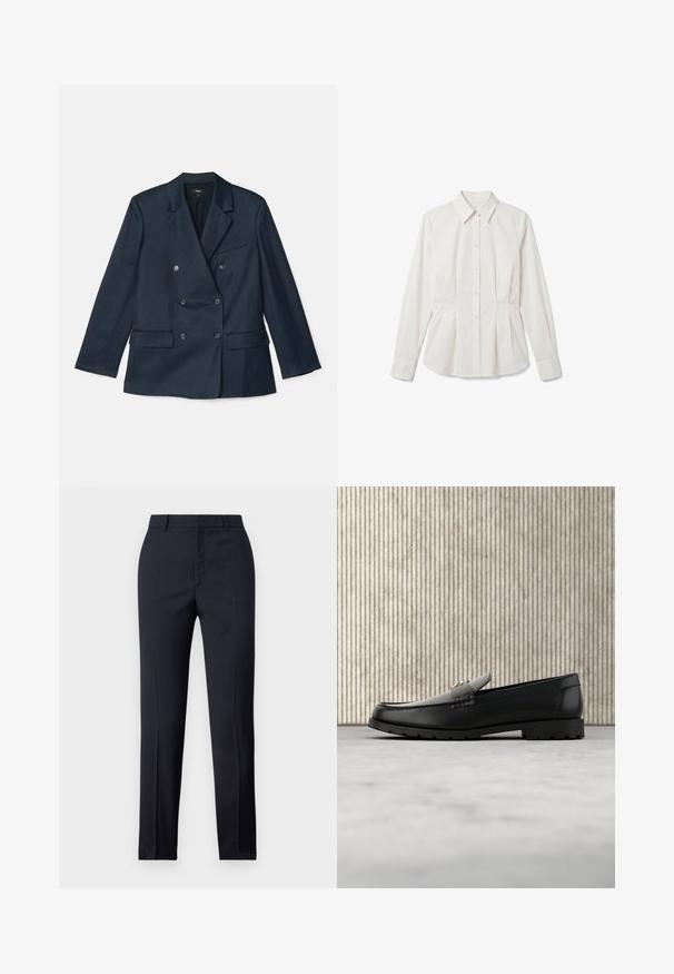 Marineblauer doppelt-knöpfbarer Blazer aus glattem Stoff. Mit Reverskragen, vier Knöpfen und zwei Fronttaschen sowie einer Brusttasche.; Weiße Langarm-Bluse mit Knöpfen, Kragen und taillierten Abnähern vor einfachem weißem Hintergrund.; Marineblaue Tailored-Hosen mit geradem Schnitt, ausgestattet mit glattem Material, zwei frontalen Taschen und einem schlichten Bund.; Schwarze Lederloafers mit einer hervorgehobenen Naht, goldenem Akzentlogo und strukturiertem Riemen. Mit einer dicken, strapazierfähigen Gummisohle.