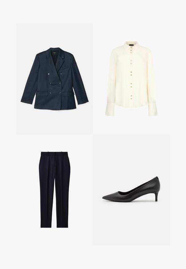 Marineblauwe dubbelgeknoopte blazer van gladde stof. Beschikt over notch-lapels, vier knopen en twee voorzakken met een enkele borstzak.; Crèmekleurige blouse met lange mouwen, een puntige kraag en decoratieve knopen aan de voorkant en op extra brede manchetten.; Marineblauwe op maat gemaakte broek met riemlussen, zijzakken, voorplooi en rechte pijpen.; Zwarte leren pump met spitse neus en een lage hak. Soepele textuur, strakke design en subtiele details bij de hak.