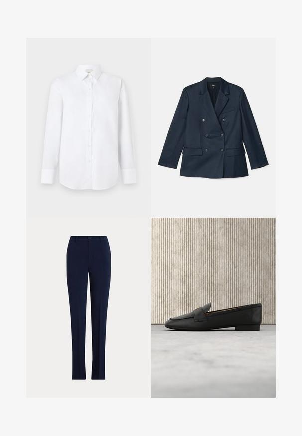 Marineblauwe dubbelgeknoopte blazer van gladde stof. Beschikt over notch-lapels, vier knopen en twee voorzakken met een enkele borstzak.; Witte lange mouwen shirt van gladde stof, met een knoopsluiting aan de voorkant, klassieke kraag en afgeronde zoom met geknoopte manchetten.; Donkerblauwe, op maat gemaakte rechte broek met een knoop en riemlussen op een lichte achtergrond.; Zwarte leren instappers met een gouden accent, een ronde neus en een gladde textuur, zwevend boven een reflecterend oppervlak met metalen schappen.