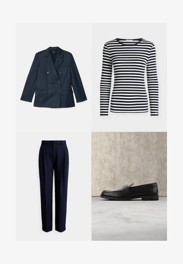 Marineblauer doppelt-knöpfbarer Blazer aus glattem Stoff. Mit Reverskragen, vier Knöpfen und zwei Fronttaschen sowie einer Brusttasche.; Langarmshirt mit marineblauen und weißen horizontalen Streifen und rundem Ausschnitt, mit GANT-Logo am Ärmelbündchen.; Marineblaue maßgeschneiderte Hose mit flacher Vorderseite, seitlichen Falten und umgeschlagenen Säumen. Hergestellt aus einem glatten Stoff mit einer strukturierten Passform.; Schwarze Lederloafers mit einer hervorgehobenen Naht, goldenem Akzentlogo und strukturiertem Riemen. Mit einer dicken, strapazierfähigen Gummisohle.
