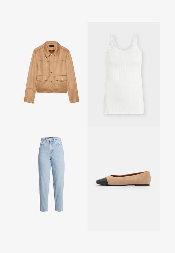 Tan cropped jakke lavet af blødt materiale, udstyret med en spids krave, sølvknapper, to frontlommer og sømløs konstruktion.; Hvid ribbet ærmeløs tanktop med blondetrim langs den runde halsudskæring og stropper, vist på en ensfarvet lys baggrund.; Lys blå, høj talje, denimjeans med forreste knap- og lynlåslukning, bæltestropper og tilspidsede ben.; Beige ruskind balletflade med en sort læder rund tåkap, lav hæl og glat tekstur, der har minimal syning og et enkelt design.
