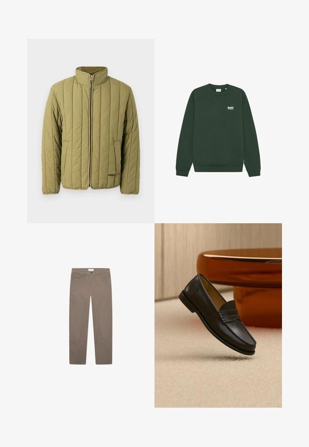 Olivengrøn quiltet jakke med høj krave, lynlås foran og sidelomme; har vandrette syninger og et diskret mærkelogo.; Mørkegrøn crewneck sweatshirt med lange ærmer med lille hvidt og lysegult "Cafe Los Drios" tekst på venstre bryst.; Brune bukser med lige snit, der har forlommer og accentuerende syninger langs siderne for ekstra detaljer og tekstur.; Sort læder loafer-sko hængende over beige tæppe med ravfarvet moderne møblement i baggrunden.