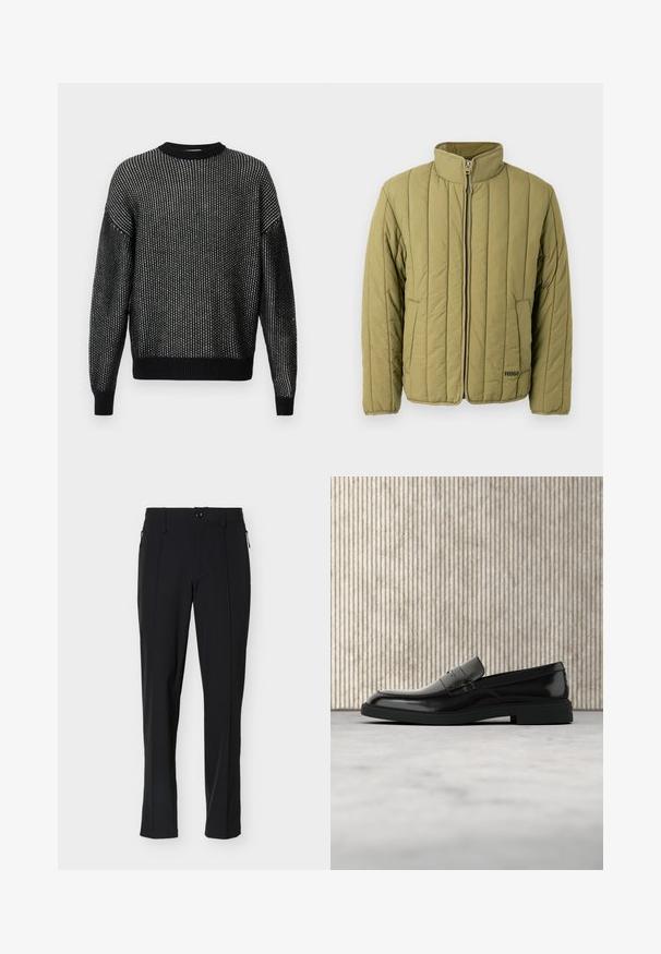 Olivengrøn quiltet jakke med høj krave, lynlås foran og sidelomme; har vandrette syninger og et diskret mærkelogo.; Sort strikket sweater med løs pasform, som har et tekstureret mønster, ribbede halsudskæring, manchetter og bund. Lange ærmer uden synlige sømme.; Sorte skræddersyede bukser med slank pasform, frontknap og lynlåslommer i siden, vist mod en hvid baggrund.; Sort poleret læderloafer flydende over beige tæppe med orange gennemsigtigt møbel i baggrunden.