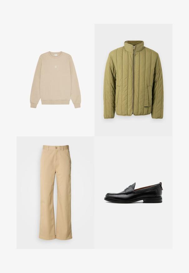 Olivengrøn quiltet jakke med høj krave, lynlås foran og sidelomme; har vandrette syninger og et diskret mærkelogo.; Beige sweatshirt i blødt stof med rund hals, lange ærmer og et lille hvidt "II" grafik centreret på brystet.; Beige, vidde bukser lavet af en bomuldsblanding. Har en knaplukning og bæltestropper. Glat tekstur med minimale syninger.; Sort læder herre loafer med moc-tå syning, penny strop, struktureret krave og lav stablet hæl på hvid baggrund.