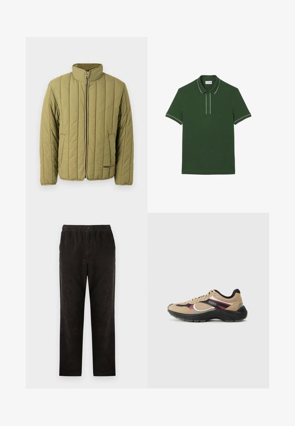 Chaqueta acolchada verde oliva con cuello alto, cremallera frontal y bolsillo lateral; presenta costuras horizontales y un logotipo sutil de la marca.; Polo shirt verde oscuro de algodón, con un contraste blanco en el cuello y la tapeta de botones, y un logo bordado.; Pantalones de pana negra con un diseño de pierna recta, que presentan una cintura elástica y un cierre de un solo botón. Textura suave, detalles mínimos.; Zapatilla deportiva beige, negra y granate con detalles de malla y cuero, con la marca "HUGO" en el lateral y suela negra gruesa.