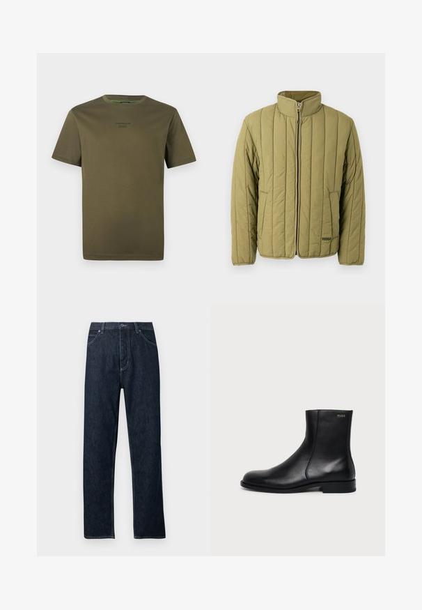 Veste matelassée vert olive avec col montant, fermeture éclair frontale et poche latérale ; présente des coutures horizontales et un logo de marque discret.; T-shirt à manches courtes olive avec col rond et petit logo embossé "Porsche BOSS" centré sur la poitrine.; Jean en denim foncé avec une coupe droite, cinq poches, des accents de couture bleue et une fermeture à boutons. Propre, sans motifs visibles.; Bottine en cuir noir à talon bas, couture latérale et petit logo "HUGO" sur le revers supérieur sur un fond uni.