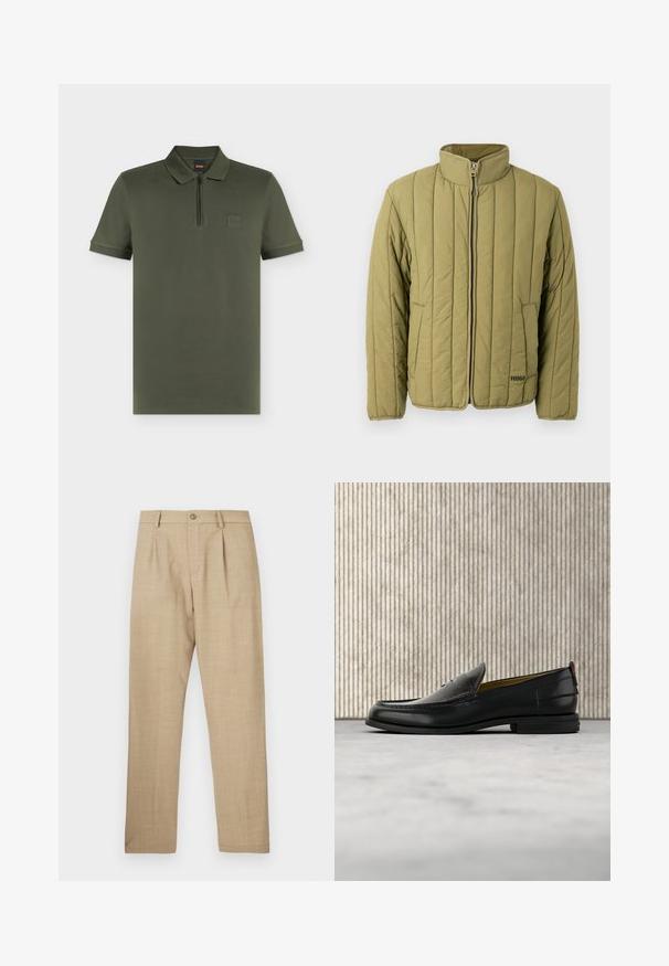 Veste matelassée vert olive avec col montant, fermeture éclair frontale et poche latérale ; présente des coutures horizontales et un logo de marque discret.; Polo manches courtes vert olive avec col, fermeture éclair quart de zip et petit écusson carré avec logo sur la poitrine gauche.; Pantalon beige ajusté avec fermeture à boutons et fermeture éclair, passants pour ceinture et plis plats à l'avant, présenté à plat sur un fond blanc.; Mocassin pour homme en cuir noir avec un dessus embossé effet croco et un petit talon, présenté de profil sur un fond neutre.