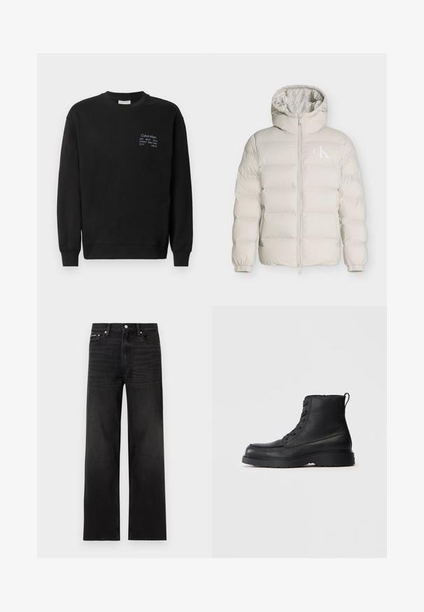 Veste matelassée beige clair avec capuche, fermeture éclair sur le devant, poignets élastiques et petit logo blanc CK sur le côté gauche de la poitrine.; Sweatshirt en coton noir à manches longues, col rond et poignets côtelés. Présente un logo brodé en bleu sur la poitrine.; Jean noir droit avec cinq poches, passants pour ceinture et fermeture par bouton, présenté sur un fond blanc.; Botte à lacets en cuir noir texturé, avec une semelle épaisse et une languette à l'arrière, vue de côté.