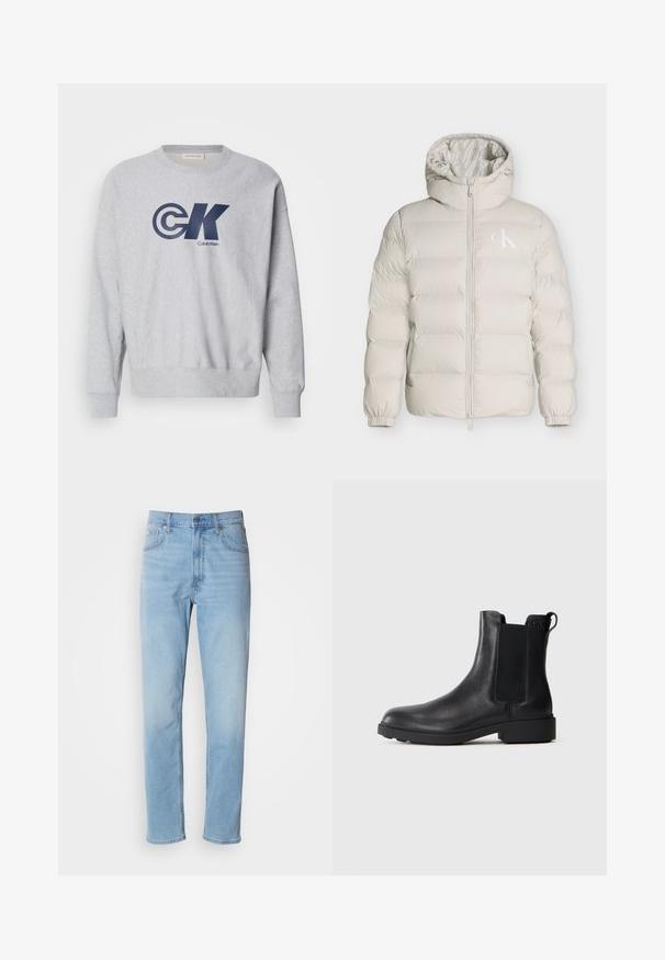 Lyse beige polstret jakke med hætte, frontlynlås, elastiske manchetter og lille hvid CK-logo på venstre brystside.; Grå bomulds sweatshirt med rund hals featuring et stort marineblåt "CK" logo og "Calvin Klein" tekst. Ribbet manchetter og kant fuldender designet.; Lys blå denim jeans med lige pasform, fem lommer og bæltestropper. Stoffet har en glat overflade med en let falmningseffekt.; Sort læder ankelstøvle med elastiske sidepaneler, træksnor ved hælen og lav bloksål mod en ensfarvet baggrund.