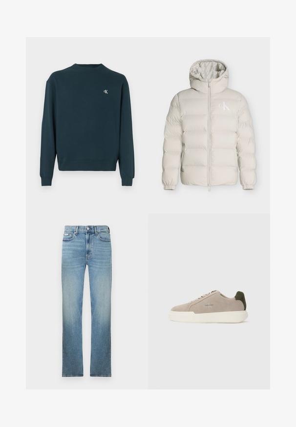 Lyse beige polstret jakke med hætte, frontlynlås, elastiske manchetter og lille hvid CK-logo på venstre brystside.; Mørkegrøn crewneck-sweatshirt lavet af bomuld med lange ærmer, ribbede manchetter og et lille hvidt logo på brystet. Glat tekstur.; Lyseblå denimjeans med lige ben, fem-lomme design og en falmet finish. Har knaplukning og bæltestropper.; Beige ruskinds sneakers med en hvid gummisål, der har en mørkegrøn hælaccent og subtil branding på siden.