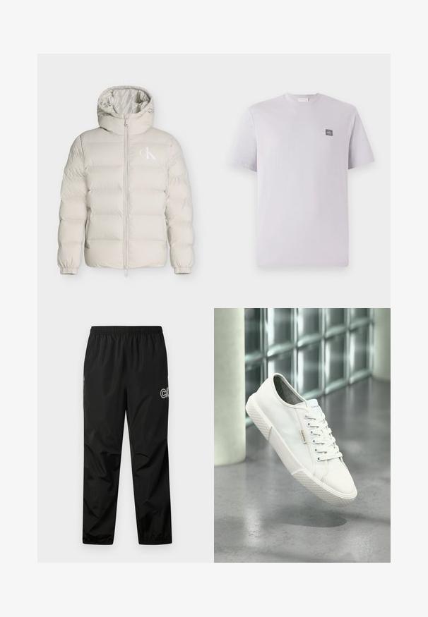 Lyse beige polstret jakke med hætte, frontlynlås, elastiske manchetter og lille hvid CK-logo på venstre brystside.; Lys lavendelfarvet kortærmet t-shirt lavet af bomuld med rund hals og et lille mørkt logo-patch på venstre bryst. Glat tekstur.; Sorte regnbukser lavet af letvægts, vandtæt materiale. Har en elastisk talje og logo-detalje på siden. Glat tekstur.; Hvid Calvin Klein lavt sneakers med snørebånd, gummisål og logo-tag, svævende over gråt poleret gulv nær glasblokvæg.
