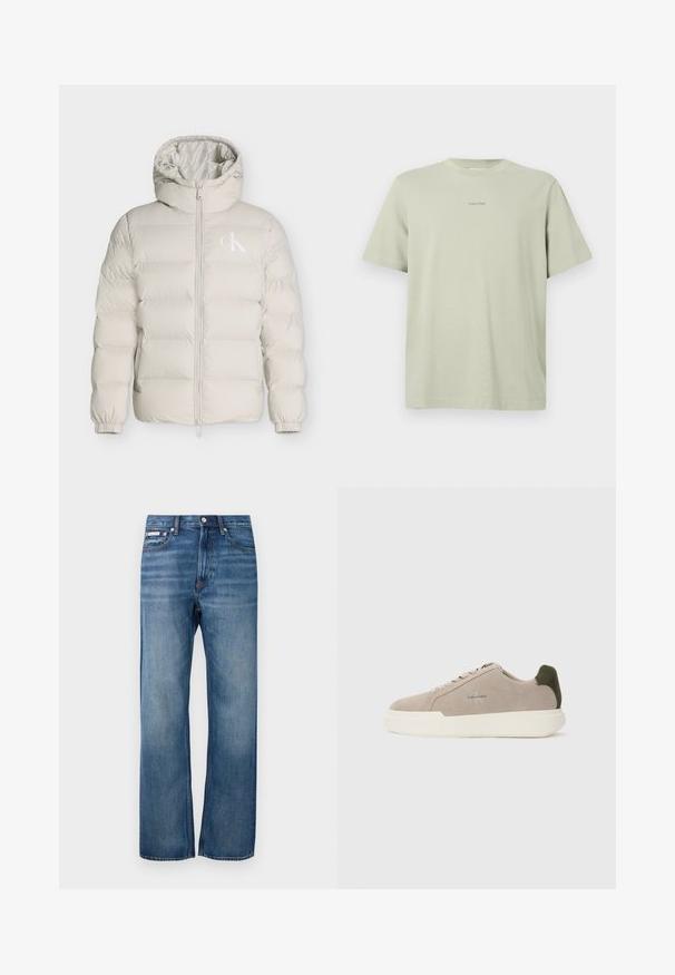 Lyse beige polstret jakke med hætte, frontlynlås, elastiske manchetter og lille hvid CK-logo på venstre brystside.; Lys grøn bomulds t-shirt med rund hals, korte ærmer og et lille Calvin Klein-logo i en mørkere nuance trykt på brystet.; Blå lige ben denim jeans med let bleget effekt, frontlukning med knap og et lille logo mærke på den højre forlommer.; Beige ruskinds sneakers med en hvid gummisål, der har en mørkegrøn hælaccent og subtil branding på siden.