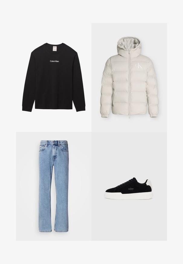 Chaqueta acolchada beige clara con capucha, cremallera frontal, puños elásticos y pequeño logo blanco de CK en el lado izquierdo del pecho.; Camiseta negra de manga larga con cuello redondo con el texto "Calvin Klein" impreso en blanco en el centro delantero.; Jeans de mezclilla azul claro con un diseño de pierna recta, cinco bolsillos y cierre de botón. Detalles de costura cerca de los bolsillos y la cintura.; Zapatilla negra de corte bajo con suela blanca y tab de talón, parte delantera con cordones y logo de Calvin Klein en el lateral.