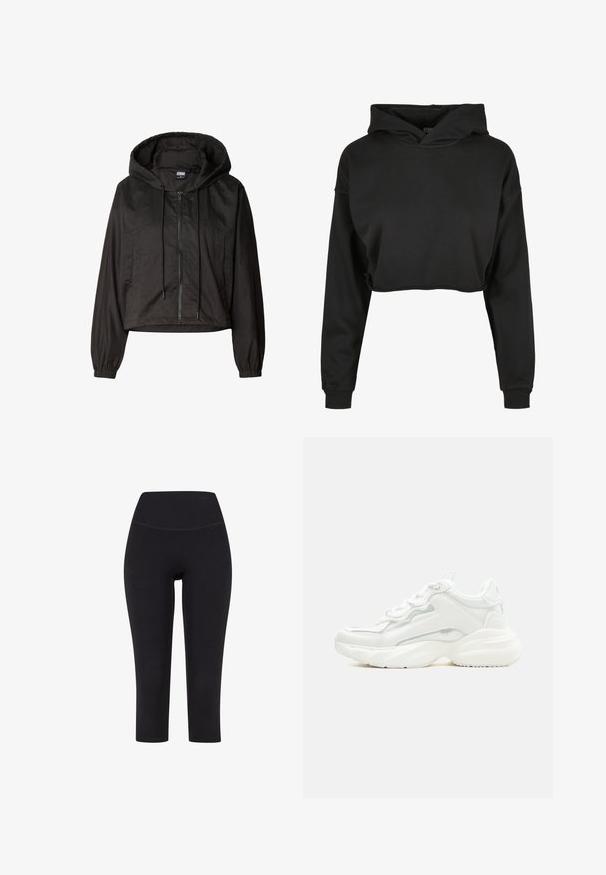 Veste légère noire à capuche avec fermeture éclair frontale, cordons de serrage, poignets élastiques et deux poches latérales, présentée sur fond blanc.; Haut cropped noir en tissu doux, doté d'une capuche avec cordon de serrage, de manches longues et de poignets côtelés, avec un design épuré et simple.; Leggings noires trois quarts en tissu extensible, avec une taille haute et sans motifs ni éléments visibles.; Baskets blanches épaisses avec semelle épaisse, fermeture à lacets sur le devant et cuir synthétique lisse avec des détails subtils de couture.
