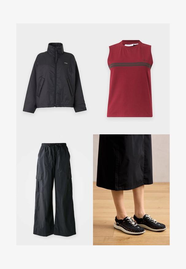 Sort, quiltet jakke med lynlås og høj krave, sidelommer og lille hvidt logo på venstre bryst mod en ensartet lys baggrund.; Ærmeløs sports-tanktop i mørkerød med to vandrette sorte striber over brystet og lille sort logo på venstre side.; Sorte cargo-bukser lavet af letvægtigt stof, med vidde i benene, elastisk talje og flere sidelommer. Enkle og funktionelle.; Sorte mesh atletiske sko med et krydset design, hvide snørebånd og en polstret hvid sål; åben struktur for ventilation.