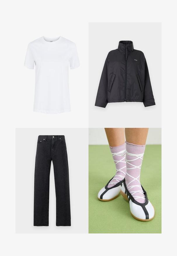 Chaqueta acolchada negra con cremallera, cuello alto, bolsillos laterales y pequeño logo blanco en el pecho izquierdo sobre un fondo claro liso.; Camiseta de algodón blanca lisa de manga corta con cuello redondo y dobladillos de las mangas doblados, mostrada sobre un fondo blanco liso.; Vaqueros negros de cintura alta y pernera recta con un patrón sutil de estampado de leopardo, cierre frontal con botón, cremallera y diseño de cinco bolsillos.; Piernas con calcetines lavanda acanalados con tiras blancas cruzadas combinados con bailarinas blancas con ribete negro sobre un suelo verde.