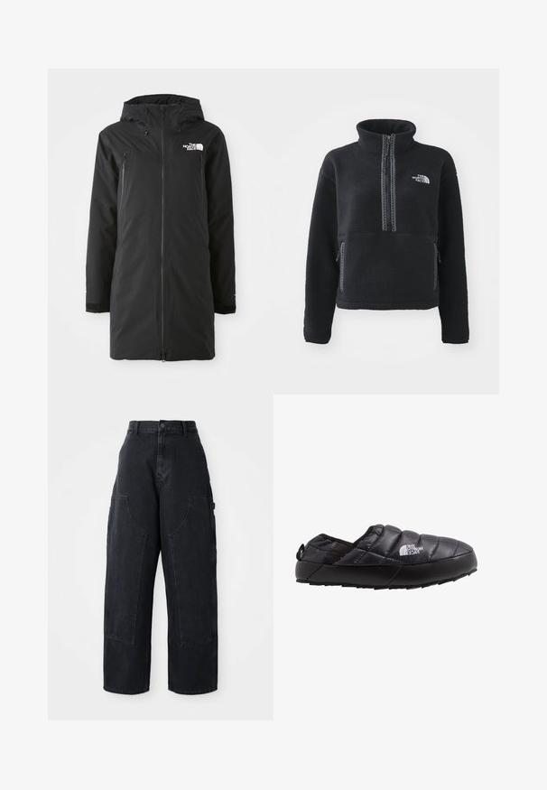 Schwarze wasserdichte Parka mit durchgehendem Reißverschluss, verstellbarem Kapuzenkragen und Taschen an den Seiten. Verfügt über ein Logo auf der Brust und anpassbare Ärmel für eine bessere Passform.; Schwarzer Fleece-Pullover mit hohem Kragen, Viertel-Reißverschluss, Fronttasche und kontrastierenden Nähten. Mit The North Face-Logo auf der Brust.; Schwarze Denim Cargo-Hosen mit weitem Bein und hoher Taille, zwei großen Vordertaschen und einem Knopfverschluss an der Taille. Glatte Textur, lässiges Design.; Schwarze isolierte Slipperschuh mit gestepptem Obermaterial, Gummisohle und strukturierten Details. Verfügt über eine Zuglasche an der Ferse und Branding an der Seite.