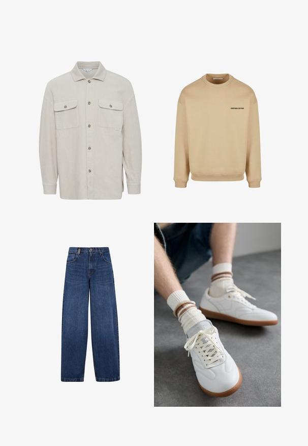 Beige Cord-Hemd mit Kragen, Knopfverschluss, zwei Brusttaschen und gerippten Ärmelbündchen. Texturiertes Gewebe mit vertikalen Streifen.; Beiger Pullover aus Baumwolle mit Rundhalsausschnitt, gerippten Ärmeln und Saum. Vorderseite mit schwarzem Text "ANOTHER COTTON".; Breite blaue Denim-Jeans im klassischen Fünf-Taschen-Design, Knopfverschluss und mit einer leicht ausgewaschenen Textur. Robuste Nähte.; Weiße Ledersneaker mit glatter Textur, grauen Wildlederelementen, beigen Gummisohlen und flachen Schnürsenkeln. Kombiniert mit cremefarbenen und braun gestreiften Socken.