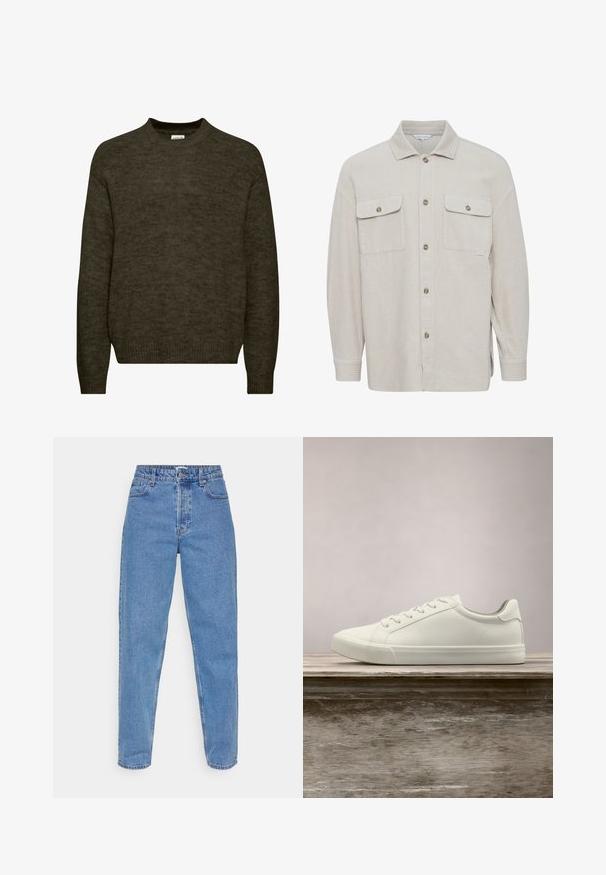 Beige kordfløjls skjorte med krave, knaplukning, to brystlommer og ribbede ærmekanter. Tekstureret stof med lodrette striber.; Mørkegrøn strikket sweater med rund halsudskæring, lange ærmer og ribbede manchetter. Blød tekstur med en let fuzzy finish.; Lysblå denim jeans, højtaljede med lige ben, featuring fem lommer og en klassisk knap- og lynlås lukning.; Hvide snørresneakers svævende over en træbænk med grønne planter i baggrunden, der fremhæver skodesign og tekstur.