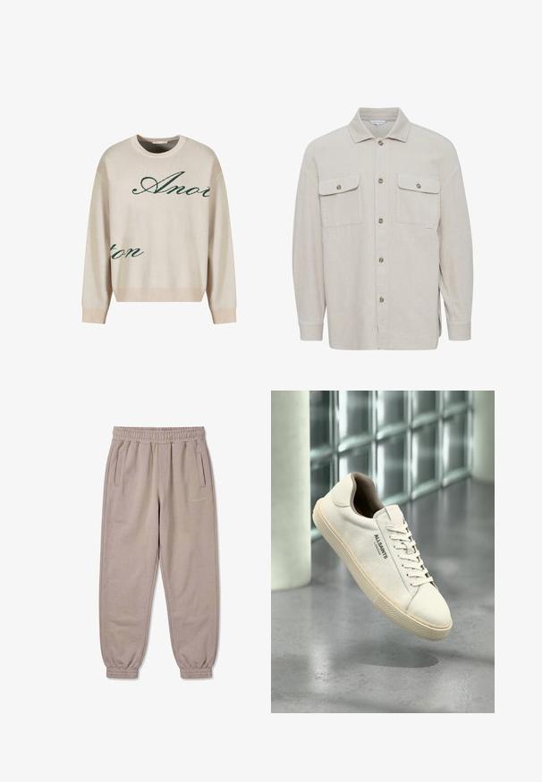 Chemise en velours côtelé beige avec un col, fermeture à bouton, deux poches poitrine et poignets côtelés. Tissu texturé avec des rayures verticales.; Pull en tricot beige avec du texte en cursive verte. Encolure et poignets côtelés, coupe décontractée, avec une texture douce.; Pantalon de jogging beige avec taille et poignets élastiques, poches latérales et petit logo "PECADOR" sur la cuisse droite.; Baskets en toile blanche avec semelle et lacets beige, logo "AllSaints London" sur le côté, flottant au-dessus d'un sol gris poli près de blocs de verre.