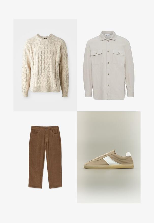 Beige Cord-Hemd mit Kragen, Knopfverschluss, zwei Brusttaschen und gerippten Ärmelbündchen. Texturiertes Gewebe mit vertikalen Streifen.; Cremfarbener Kabelstrickpullover mit Rundhalsausschnitt, strukturiertem Muster und gerippten Bündchen und Saum. Hergestellt aus weicher, dicker Wolle.; Braune Cordhosen mit vertikalen Rippen, fünf Taschen und einem Knopfverschluss. Gerade Passform mit einer weichen, strukturierten Oberfläche.; Hellbrauner Wildleder-Sneaker mit beiger Sohle, weißem Fersenlasche, weißem Seitenstreifen und Schnürverschluss auf neutralem Hintergrund.