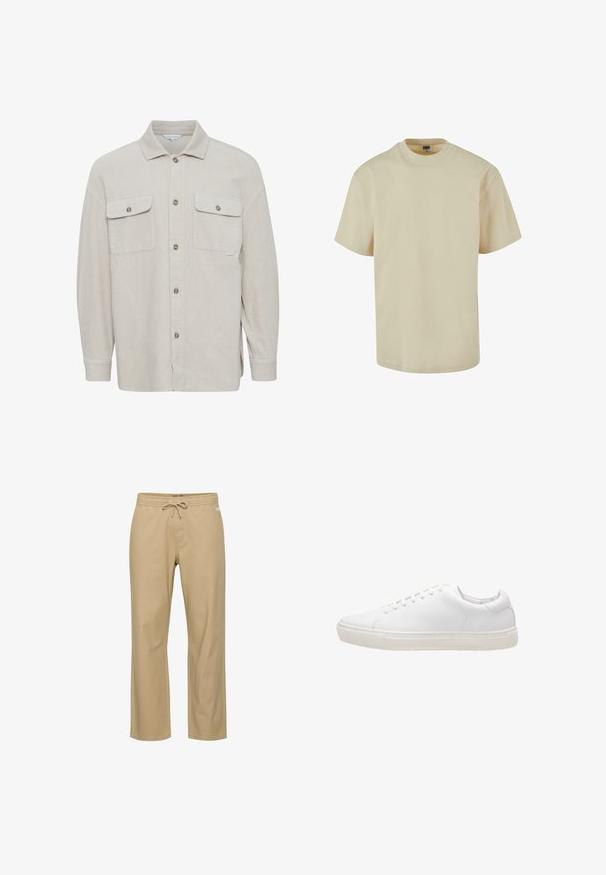 Beige kordfløjls skjorte med krave, knaplukning, to brystlommer og ribbede ærmekanter. Tekstureret stof med lodrette striber.; Beige bomulds t-shirt med klassisk rund hals og korte ærmer. Glat tekstur, lige snit og ingen synlige mønstre eller detaljer.; Beige bomuldsbukser med afslappet pasform, elastik i taljen og snøre. Har sidelommer og lige ben. Ingen synlige mønstre.; Hvide lædersneakers med en glat overflade, rund tå, snørebåndslukning og flad gummisål. Minimalistisk design uden synlige mønstre.