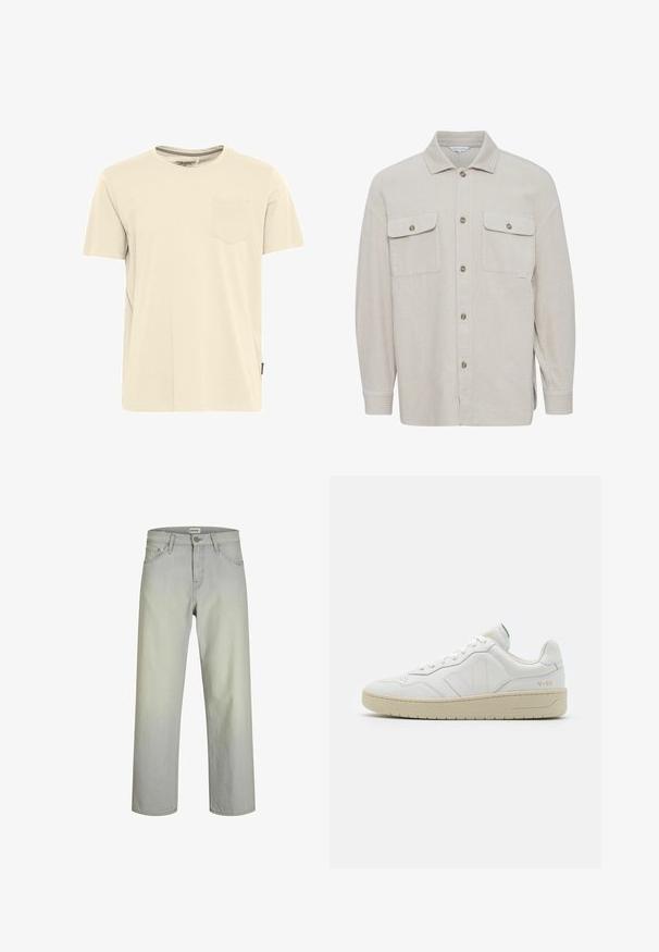 Camisa de algodón de pana beige con cuello, cierre de botones, dos bolsillos en el pecho y puños acanalados en las mangas. Tejido texturizado con rayas verticales.; Camiseta de algodón de color beige claro y de manga corta, con un cuello redondo y un pequeño bolsillo en el pecho izquierdo. Detalle texturizado en el cuello.; Jeans rectos de color gris claro con un diseño clásico de cinco bolsillos, cierre de botón y pasadores para cinturón. Fabricados en tela de mezclilla con una textura suave.; Zapatillas blancas de cuero con un acabado texturizado y cuello acolchado. Cuentan con una suela de goma beige y un sutil logotipo en el talón y el lado.