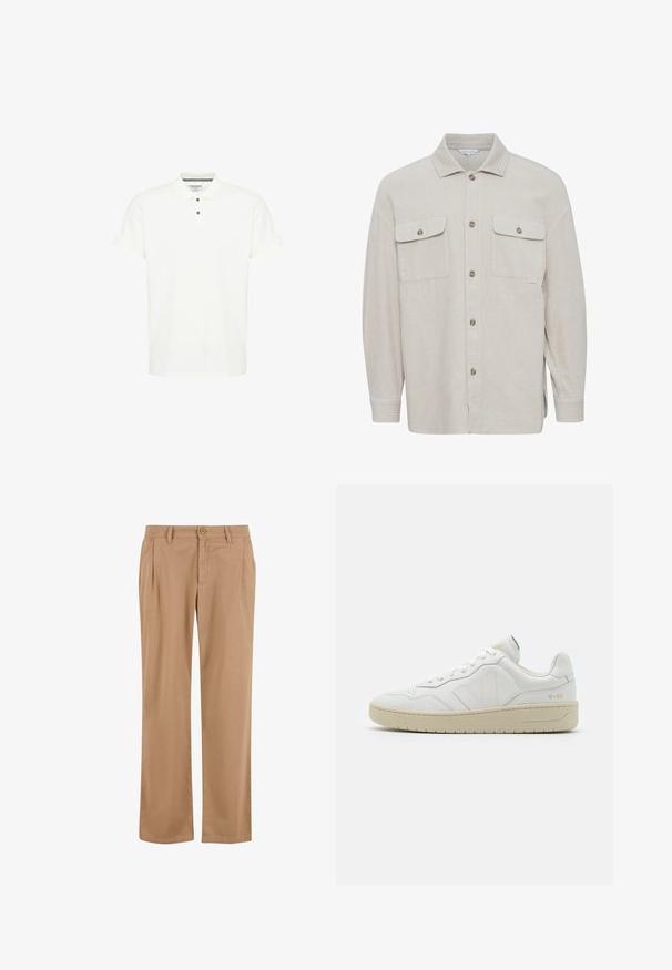 Camisa de algodón de pana beige con cuello, cierre de botones, dos bolsillos en el pecho y puños acanalados en las mangas. Tejido texturizado con rayas verticales.; Camiseta polo blanca de algodón, con un cuello clásico, mangas cortas y una tapeta de tres botones con botones azul oscuro.; Pantalones beige de algodón suave con un diseño de pierna recta, que cuentan con un cierre de botón y sutiles pliegues frontales para un detalle añadido.; Zapatillas blancas de cuero con un acabado texturizado y cuello acolchado. Cuentan con una suela de goma beige y un sutil logotipo en el talón y el lado.