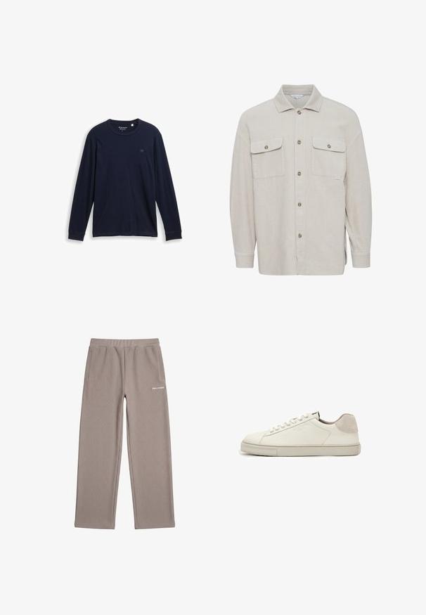 Camisa de algodón de pana beige con cuello, cierre de botones, dos bolsillos en el pecho y puños acanalados en las mangas. Tejido texturizado con rayas verticales.; Camiseta de manga larga azul marino hecha de algodón suave, con un cuello redondo, dobladillos cosidos y un pequeño logo bordado en el pecho.; Pantalones de punto acanalado color topo con cintura elástica, bolsillos laterales, piernas anchas y logo blanco "PEGADOR" en la cadera derecha.; Zapatilla blanca de piel de perfil bajo con cordones blancos, suela ligeramente texturizada y parche de ante gris claro en el talón, vista lateral.