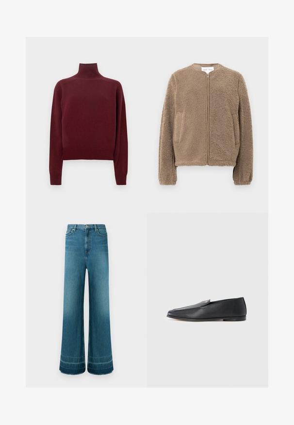 Veste en polaire marron avec un col rond, une fermeture éclair frontale et des poches latérales. Tissu texturé avec une apparence douce et confortable.; Pull à col roulé bordeaux avec manches longues, texture en maille et détails côtelés aux poignets et à l'ourlet. Coupe classique et ajustée.; Jean denim bleu taille haute à jambes larges, cinq poches, fermeture à boutons et légère décoloration près des ourlets.; Mocassins en cuir noir à texture lisse, bout arrondi et détails de couture subtils. Ils présentent un accent logo doré sur le côté supérieur.