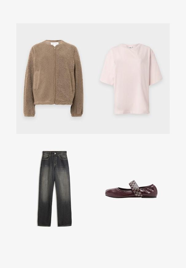Bruine fleecejas met een ronde hals, ritssluiting aan de voorkant en zijzakken. Gevoerd met een zachte, knusse uitstraling.; Lichtroze T-shirt met korte mouwen, ronde hals en subtiel geborduurd Adidas-logo op de linker bovenborst.; Donker gewassen denim jeans met een losse pasvorm, voorzien van een rechte pijp, zichtbare stiksels en een vervaagd gradiënt effect aan de voorkant.; Bordeaux leren ballerina met een ronde neus, elastische band met zilveren oogjes, en een zachte, geplooide hak voor extra comfort.