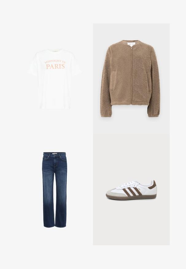 Veste en polaire marron avec un col rond, une fermeture éclair frontale et des poches latérales. Tissu texturé avec une apparence douce et confortable.; T-shirt blanc en coton à manches courtes, arborant le texte "MIDNIGHT IN PARIS" en couleur pêche, centré dans un design courbé.; Jean en denim bleu à coupe droite avec bouton frontal, fermeture éclair, passants pour ceinture et légère décoloration sur les cuisses et les genoux.; Basket Adidas Samba blanche et marron avec trois bandes marron, lacets et semelle texturée, vue de côté sur fond uni.