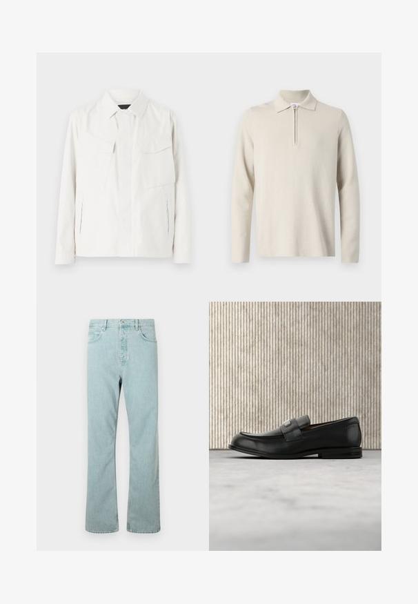 Leichte weiße Shirtjacke mit Kragen, zwei aufgesetzten Taschen vorne, seitlichen Schlitzen und Knopfverschluss. Glatte Stofftextur.; Cremfarbener Langarm-Polohemd mit Reißverschluss am Kragen, aus weichem, strukturiertem Stoff, mit klassischer Passform und minimalistischem Design.; Hellblaue Jeans aus Denim mit geradem Schnitt, fünf Taschen und einem einzigen Knopfverschluss. Abgerundet mit dezenten Steppdetails.; Schwarzer Lederloafer mit einer Metallmarkenplatte, der nahe einem braunen runden Tisch auf beigem Teppichboden ruht.